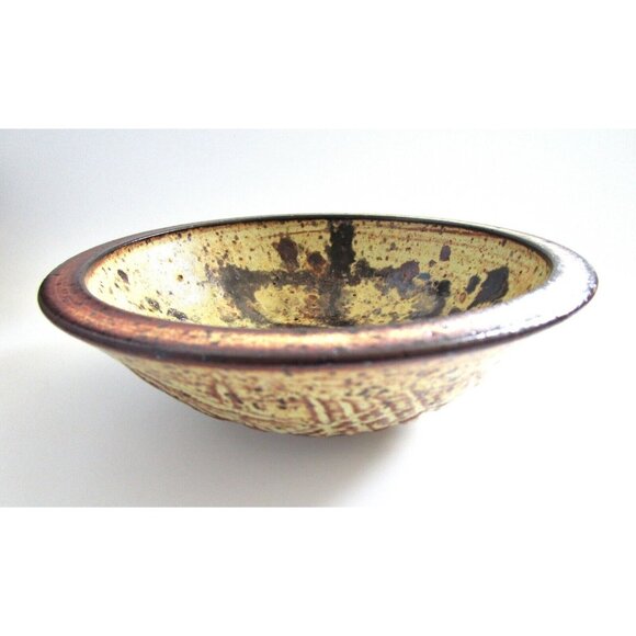 Vintage Signed MP Handmade Studio Art Pottery Bowl - Brown & Yellow Dish MCM - Picture 3 of 7